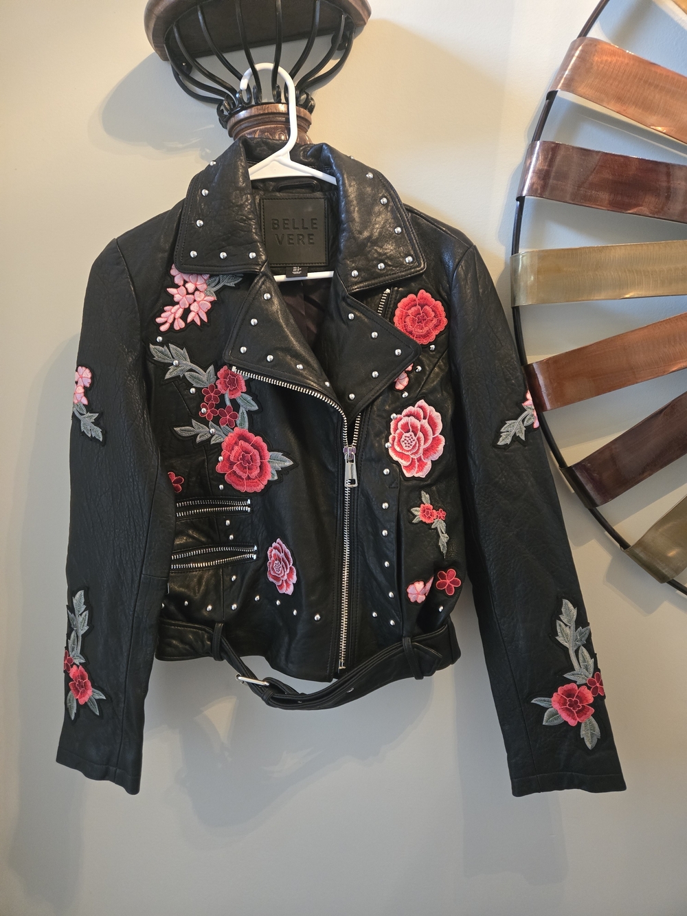 Belle & Vere Black Floral Embroidered Moto Jacket